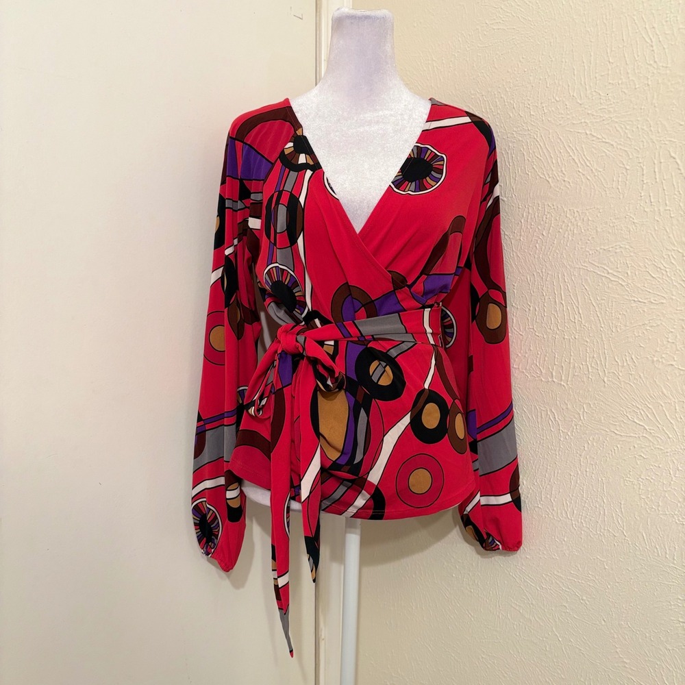 Y2K Retro Shoe Diva Red Bubble Geometric V Neck Belted Wrap Top Long Sleeve Sz S